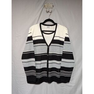 Alfred Dunner VTG Women's Black White Striped Button Up‎ Knit Cardigan Size 2X